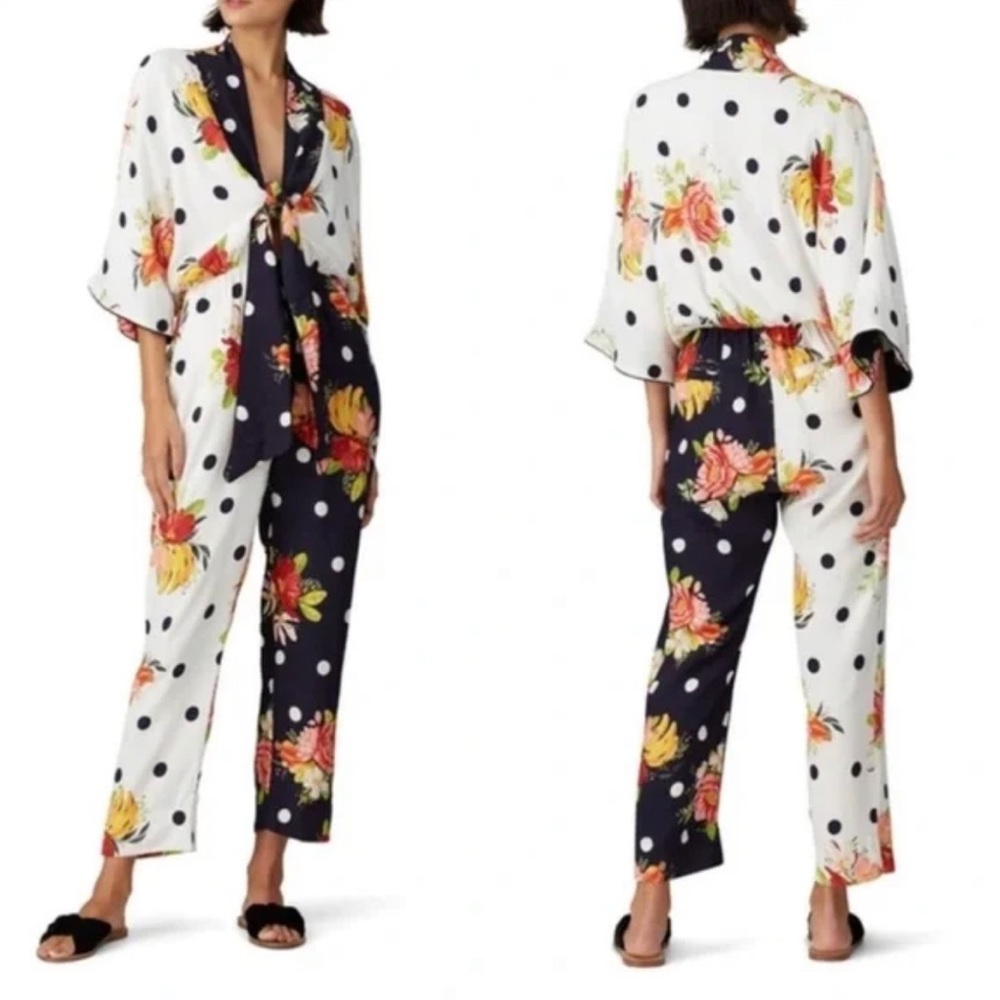 FARM Rio Polka Dot Floral Tie-Front Jumpsuit in White & Navy